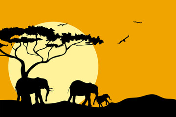 Fototapeta na wymiar Family of elephants in Africa. Black silhouette on the background of sunset. Wildlife protection concept.