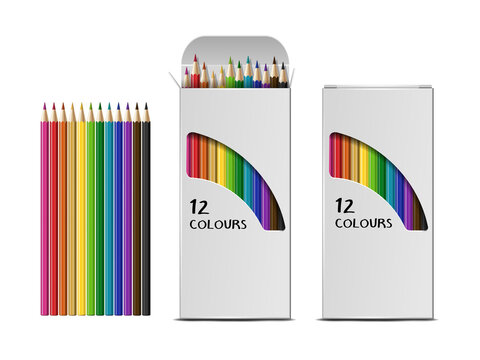 Set of Vector realistic boxes of colored pencils isolated on white background.
