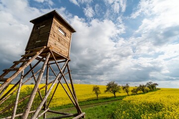hunting shelter over yellow fields and alley of trees