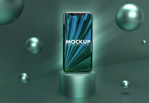 Smartphone Mockup on Army Green Background with Sphere Elements