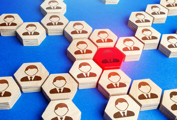 Red figurine of an employee in a big business company structure. Toxic and unreliable worker, bad influence. Leadership, teamwork. Staff relationships. Founder of the company, uniting around idea.
