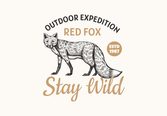 Red fox badge. Forest ginger wild animal label or logo. Outdoor expedition. Vector Engraved hand drawn Vintage old sketch for stamp, t-shirt or typography.