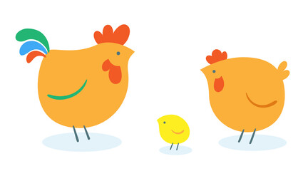 Chicken family logo design.  Cockerel, chicken and chick.  In cartoon simple style. Isolated on white background. Vector illustration.