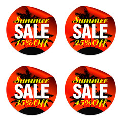 Summer red sale stickers set 15%, 25%, 35%, 45% off with island with palm trees. Vector illustration