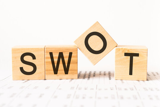 word swot made with wood building blocks. Business strategy analysis concept. SWOT analysis - strength, weakness, opportunities, threats