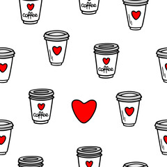I love coffee. Cute hand drawn seamless pattern with love doodles elements. Vector background. Happy Valentine's day and Hot drink lovers theme. 