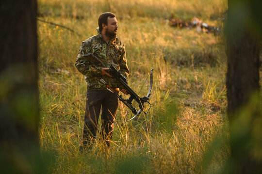 Adult man hunting with a recurved crossbow in the forest on an autumn day.