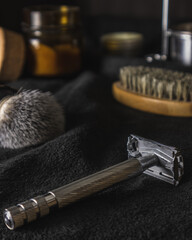 Classic shaving. Straight razor, shaving brush, beard comb, and moustache and bear wax. Vintage...