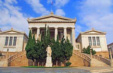 Exterior front view of the National Library of Greece in Athens with it two curved staircases.
