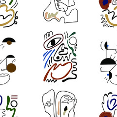 Seamless pattern. Abstract portraits. Female portrait. Contemporary drawing in modern cubism style.  Hand drawn vector. Transparent background