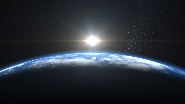 Sunrise from space. Sunrise over the Earth. The earth rotates towards the sun. Volumetric clouds. Static camera 50mm. Starry sky. 4K. 3D animation. Stars twinkle.