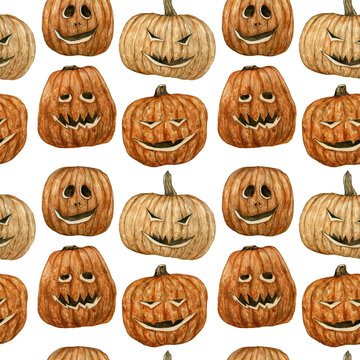 Watercolor hand painted seamless pattern with Halloween pumpkins on white