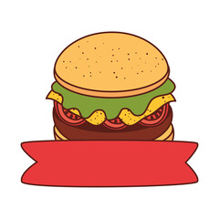 hamburger fast food with ribbon, on white background