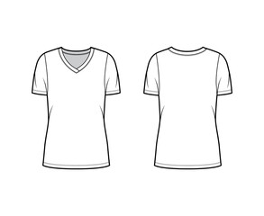 V-neck jersey t-shirt technical fashion illustration with short sleeves, oversized body tunic length. Flat sweater apparel template front back white color. Women men unisex outwear top CAD mockup