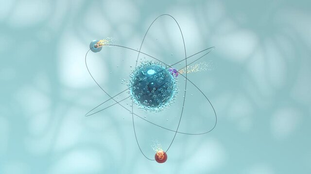 Motion of atom spheres with blue organic background, 3d rendering.