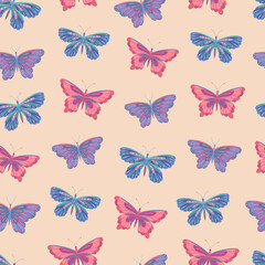 Fototapeta na wymiar Seamless vector pattern of butterfly. Decoration print for wrapping, wallpaper, fabric, textile. Spring background.
