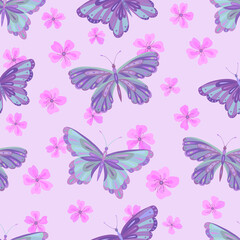 Naklejka na ściany i meble Seamless vector pattern with butterfly and sakura flowers. Decoration print for wrapping, wallpaper, fabric, textile. Spring background.