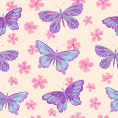 Fototapeta na wymiar Seamless vector pattern with butterfly and sakura flowers. Decoration print for wrapping, wallpaper, fabric, textile. Spring background.