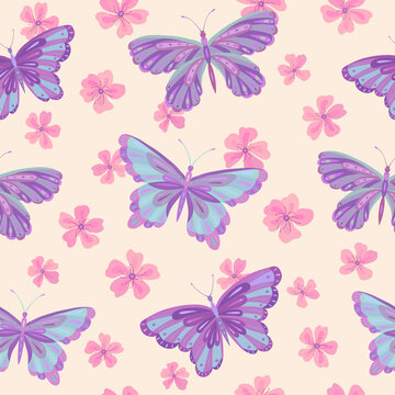 Seamless vector pattern with butterfly and sakura flowers. Decoration print for wrapping, wallpaper, fabric, textile. Spring background.