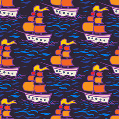 Seamless colorful vector pattern design of ship on waves in lines on dark