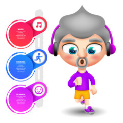 Adult man working out listening to music and infographic