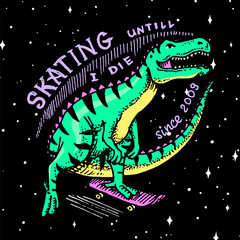 Dinosaur on a skateboard label for typography. Vintage retro Dino. Template for t-shirt and logo. Hand Drawn engraved sketch for shop, skate club or tattoo.