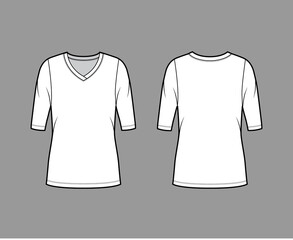 V-neck jersey sweater technical fashion illustration with elbow sleeves, oversized body, tunic length. Flat outwear apparel template front, back white color. Women, men unisex shirt top CAD mockup