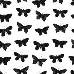 Monochrome seamless vector pattern with butterflies. Suitable for packaging, fabrics, wallpapers and simple colorings. 