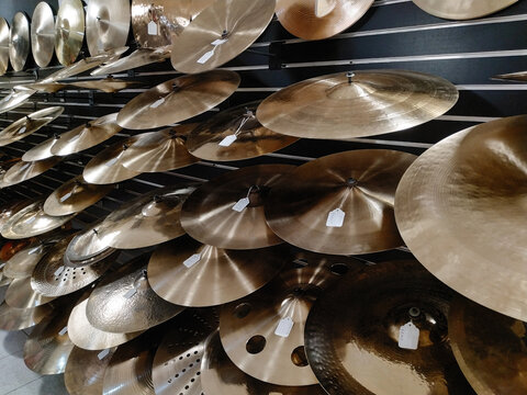 Various cymbals on display at music store