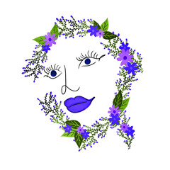 woman face surrounded by flowers, colorful line art, isolated on white background, vector illustration