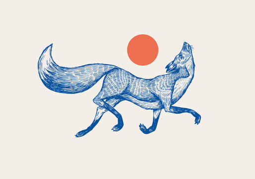 Red fox badge. Forest ginger and red sun. Wild animal. Vector Engraved hand drawn Vintage old sketch for stamp, t-shirt or typography.