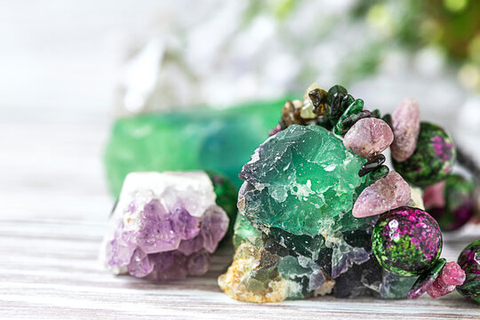 Necklaces with colored stones, jewelry. Close up