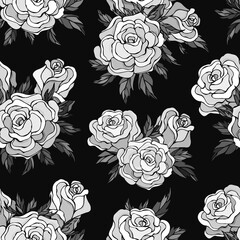 Seamless vector pattern of roses. Decoration print for wrapping, wallpaper, fabric, textile. Design for birthday, wedding, Valentine's Day, Mother's day, Women's Day and other holiday.
