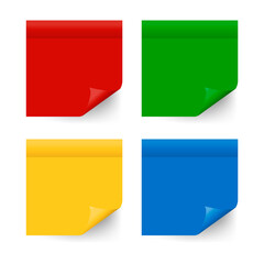 Collection of different color sticky note papers isolated on background. Multicolor post-it notes with curled corner and shadows. Realistic vector illustration. Set of sheets of note paper for text.