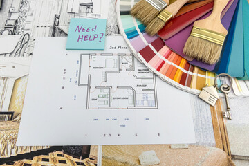 Home blueprint with color palette. design architecrure