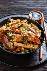 Gaji Namul, steamed eggplant in a black bowl