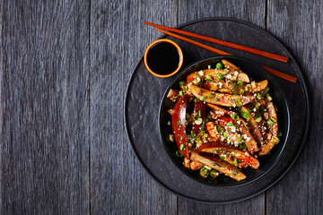 Gaji Namul, spicy eggplant in a black bowl