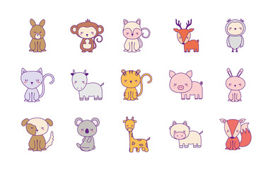 Cute animals cartoons line and fill style set of icons design, zoo life nature and character theme Vector illustration