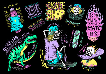 Skateboard shop stickers set. Dinosaur and skeletons ride on the boards badges. Fiery head and skull. Vintage retro labels for t-shirts and typography. Hand Drawn engraved sketch. - obrazy, fototapety, plakaty