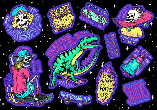 Skateboard shop stickers set. Dinosaur and skeletons ride on the boards badges. Fiery head and skull. Vintage retro labels for t-shirts and typography. Hand Drawn engraved sketch.