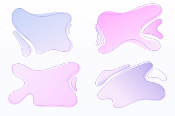 Vector illustration of four flat doodle geometric shapes. A set of abstract liquid objects with a gradient of gentle pink and blue shades. For backgrounds and decoration.