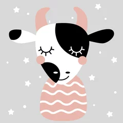 Papier Peint photo autocollant Chambre de bébé Vache au design de style scandinave pour pépinière. Affiche drôle. Composition carrée illustration vectorielle