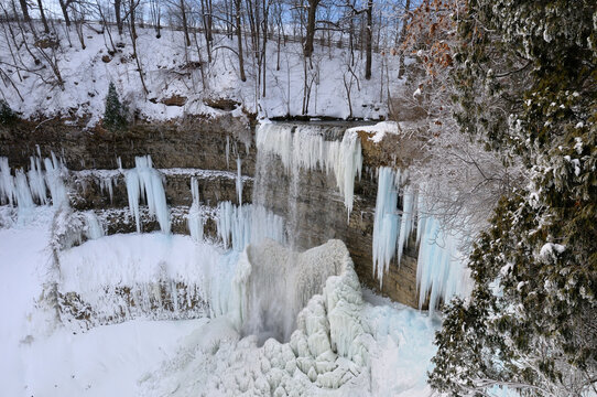 Icicles and Stalagmites at Tews Falls Dundas Canada in winter after a cold snap