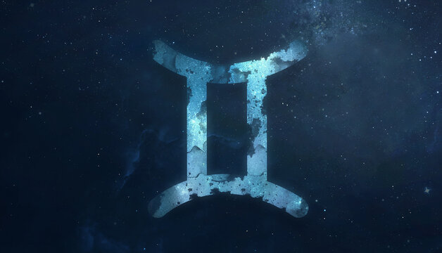 Gemini zodiac sign on starry night sky. Collection of astrology symbols. Photo collage