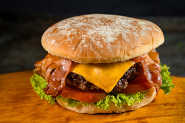 Tasty burger on rustic background