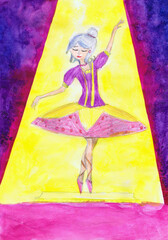 Ballerina dances on stage in the light of a spotlight. Children's drawing