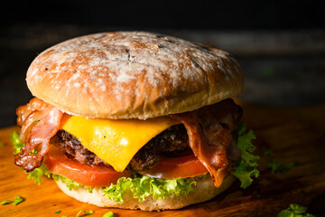 Tasty burger on rustic background