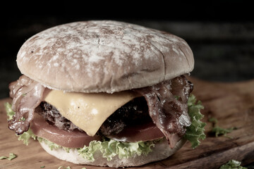 Tasty burger on rustic background