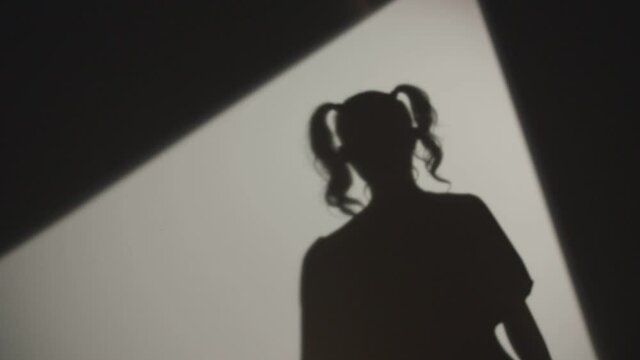 Crime Scene. Shadow of Strange Young Woman Killer Holding Knife. Dark Silhouette on the White Background