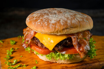 Tasty burger on rustic background